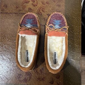 Minnetonka Tan and Multicolor Suede Moccasins